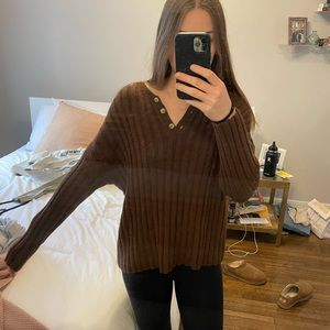 Zara Brown Ribbed Button-Up Sweater